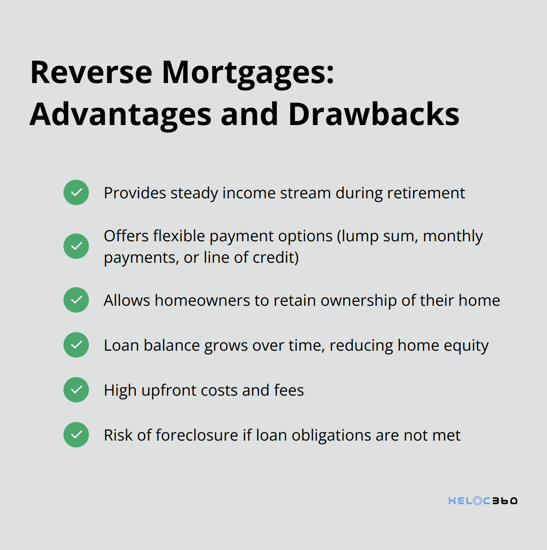 Checkmark list showing advantages and potential drawbacks of reverse mortgages for senior homeowners