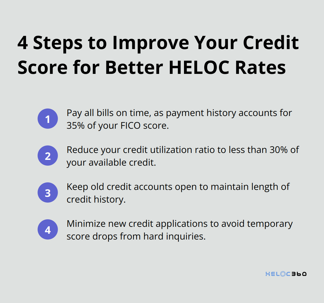 Ordered list chart showing 4 steps to improve credit score for better HELOC rates - heloc interest rates today